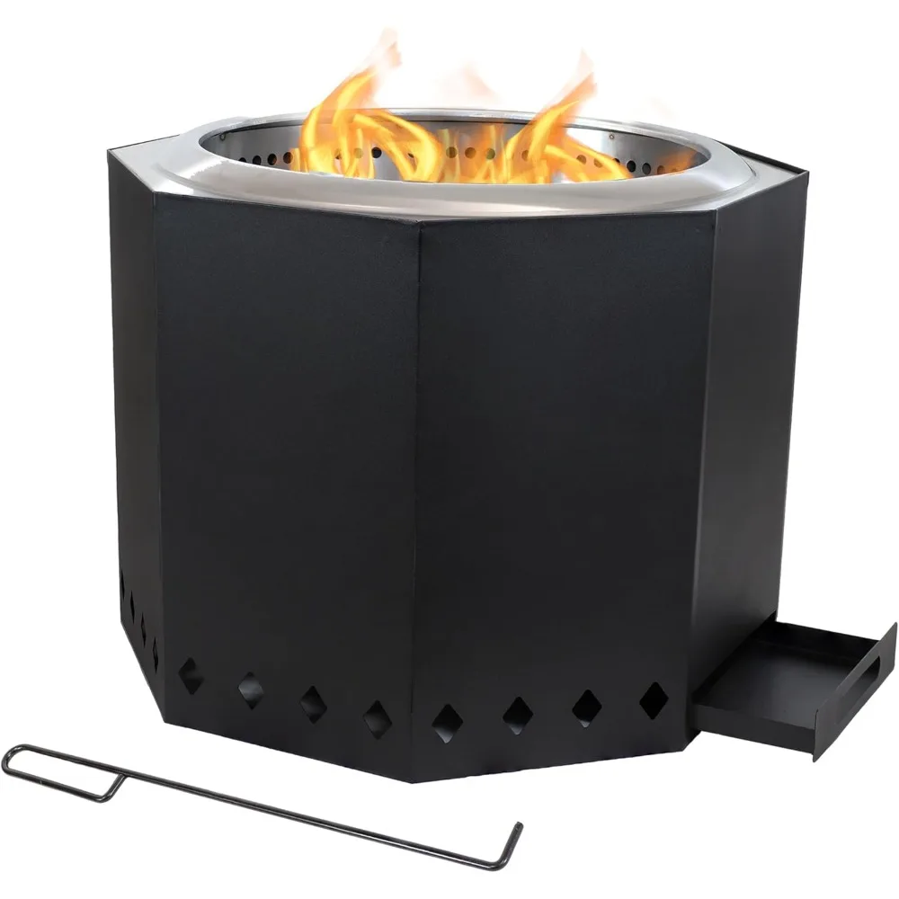 

Wood-Burning Smokeless Fire Pit with Log Poker - Stainless Steel Smokeless Fire Pit for The Backyard - Black - 21.5-In