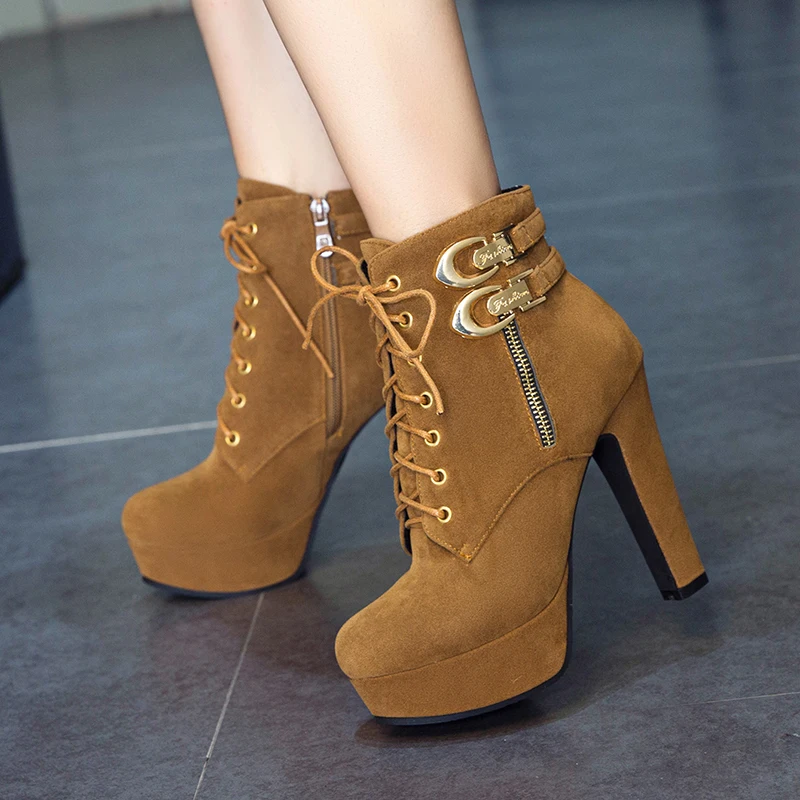 Fashion Women\'s Ankle Boots High Heeled Platform Short Boot Female Buckle Flock Zipper Gray Ladies Party Shoes Large Size 50