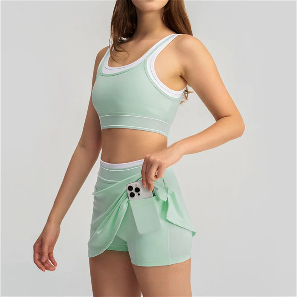 2PCS Yoga Set Women Outfits Sports Bra Workout Clothes Sportswear Gym High Waist Legging Fitness Tennis Skirt Active Suits XP62