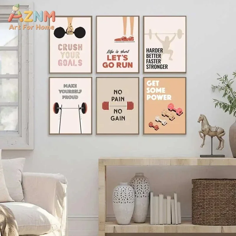 AZNM Gym Motivational Quote Canvas Wall Art, Dumbbell Barbell Workout Fitness Print, Unframed Canvas Painting for Home Gym Room