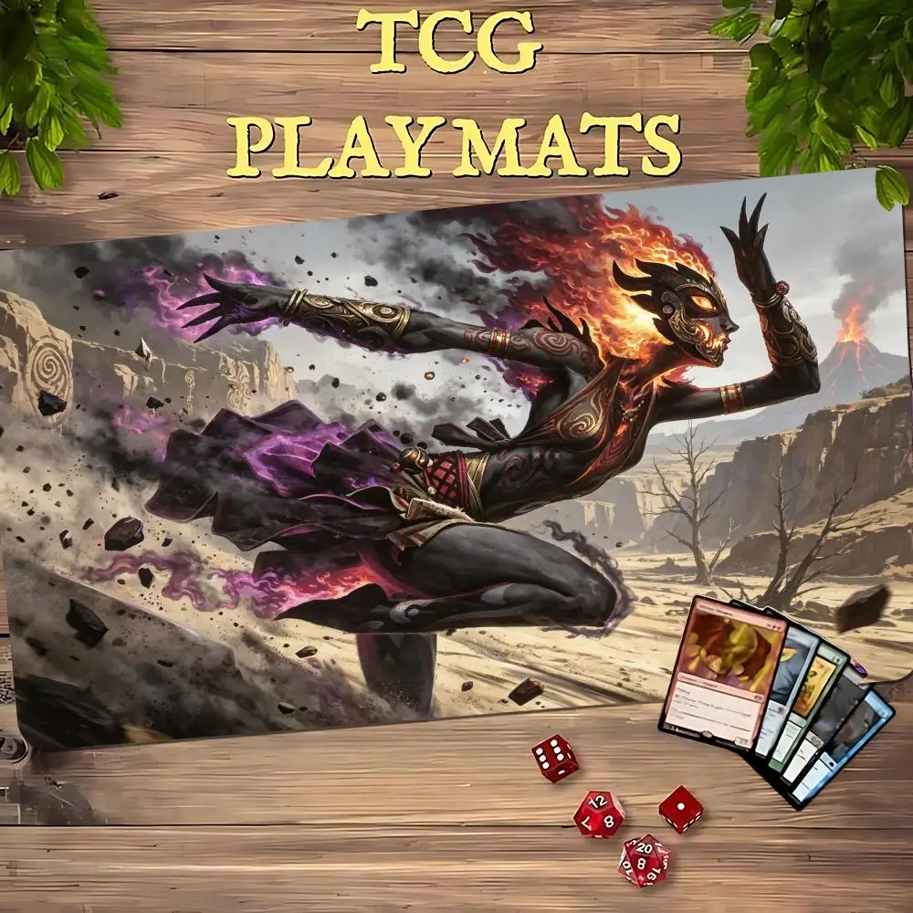 Flame Head Sorceress TCG Playmat 35X60CM Volcano Desert Purple Witch Magic Card Mat Non-Slip Durable Stitched Edge Playmat