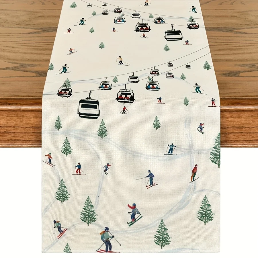 Tischläufer mit Winterski-Motiv |   Ski-Lift und Pine Tree-Design |   Perfekt für Weihnachten, Feiertage, Esszimmer und Party-Dekoration zu Hause