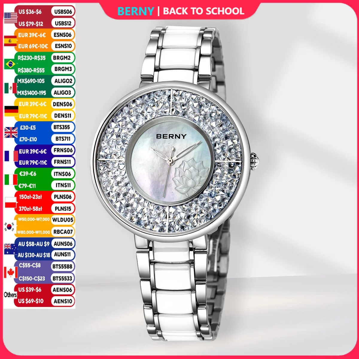 BERNY Luxury Watch for Women 40mm Elegant Multicolor Dial Ladies Quartz Watches Exquisite Crystal Waterproof Woman Wristwatch