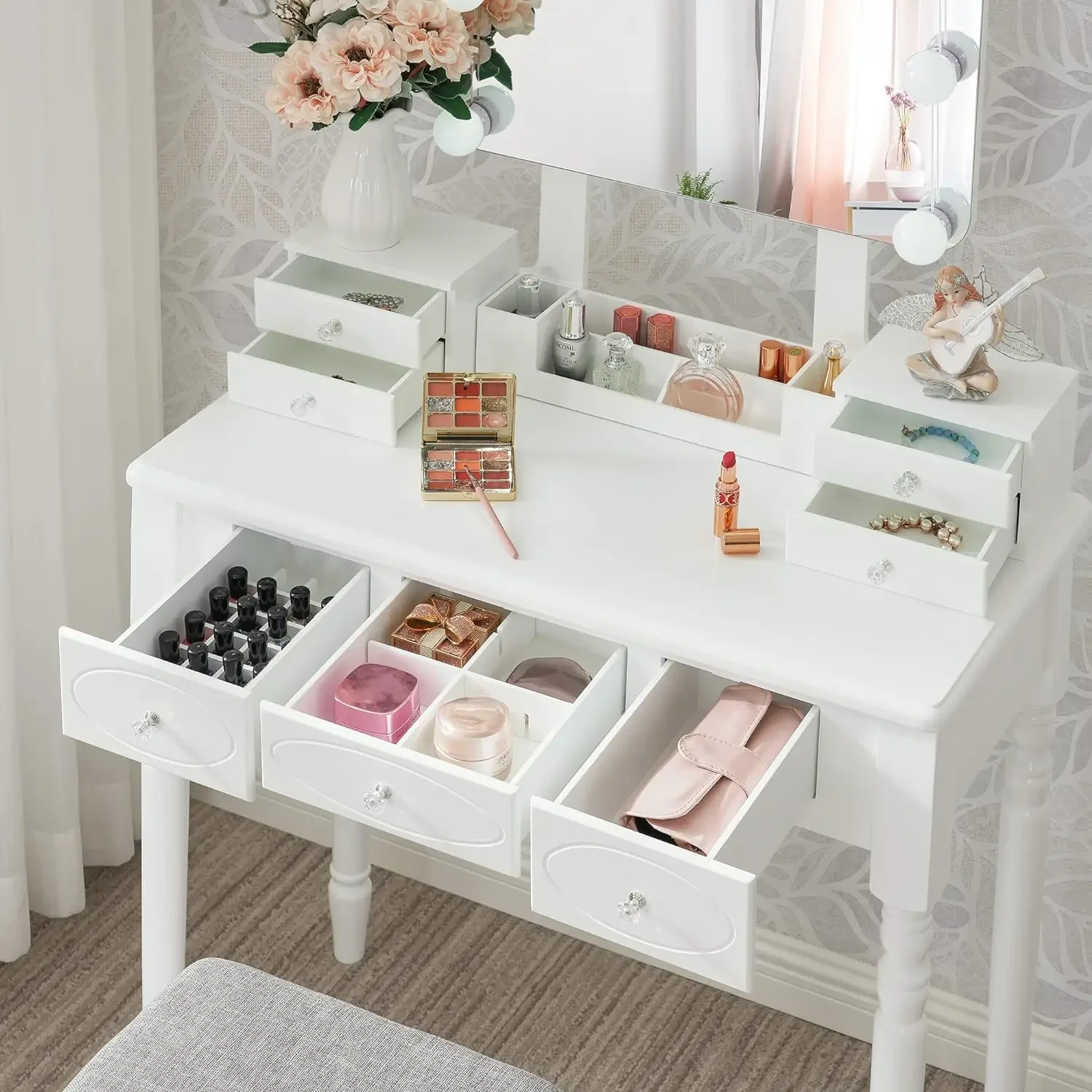 Makeup Vanity Desk Vanity Set with Lighted Mirror Makeup Vanity Desk Table Set Large 8 LED Bulbs and 3 Colors Lighting