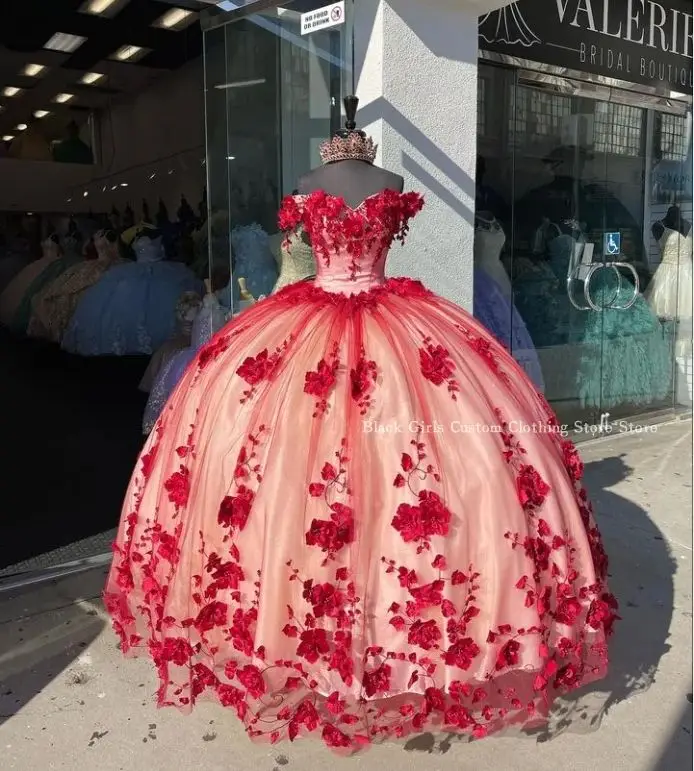 

Красные Бальные платья принцессы, платья для Quinceanera, без бретелек, с 3D цветочной аппликацией, мексиканское платье, ТРАПЕЦИЕВИДНОЕ пончо, платья для вечеринки, 15