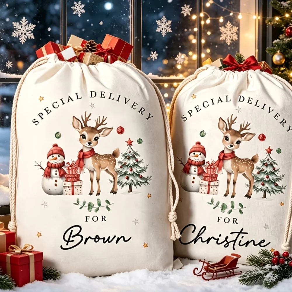 1Pc Custom Name/Text Xmas Imitation Hemp Gift Bag, Christmas Tree Reindeer Theme Drawstring Closure Storage Bags,Party Candy Bag