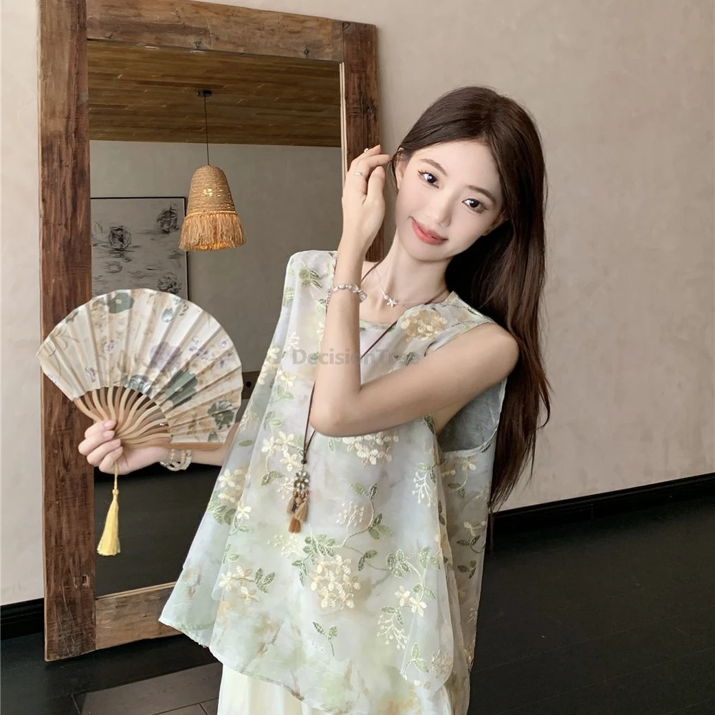 

Summer Chinese Zen Style Floral Embroidered Vest Top Women Sleeveless Loose Shirt National Fashion Thin Chiffon Outerwear Vest