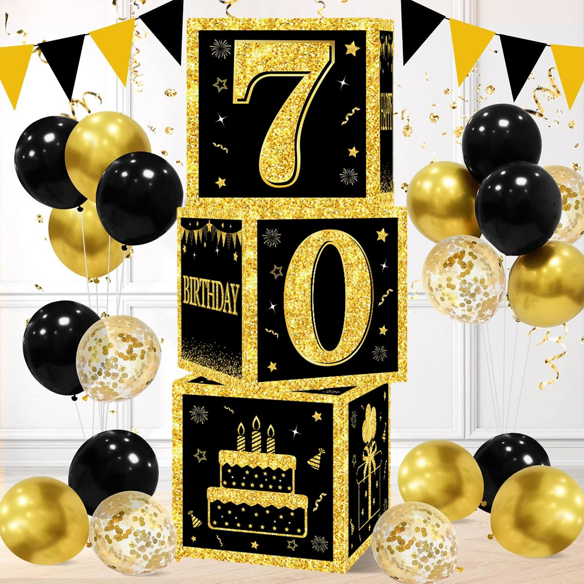 60th 70th Black Gold Birthday Balloons Box Happy Birthday Decorations Adults  60 70 Year Old Bday Theme Party Supplies Box Favor