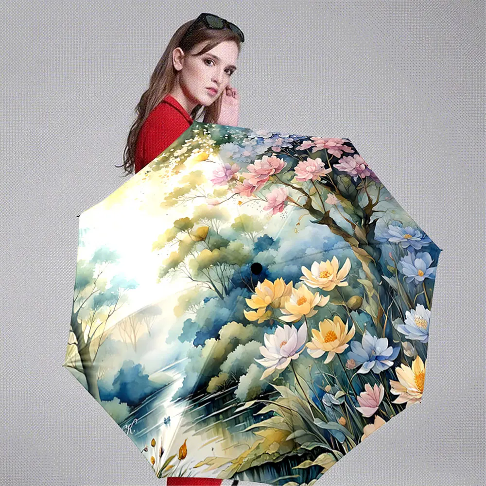 Floral Fantasy Umbrella with Serene River and Blooming Trees ,Portable Folding Umbrella, Gift for Family Friends