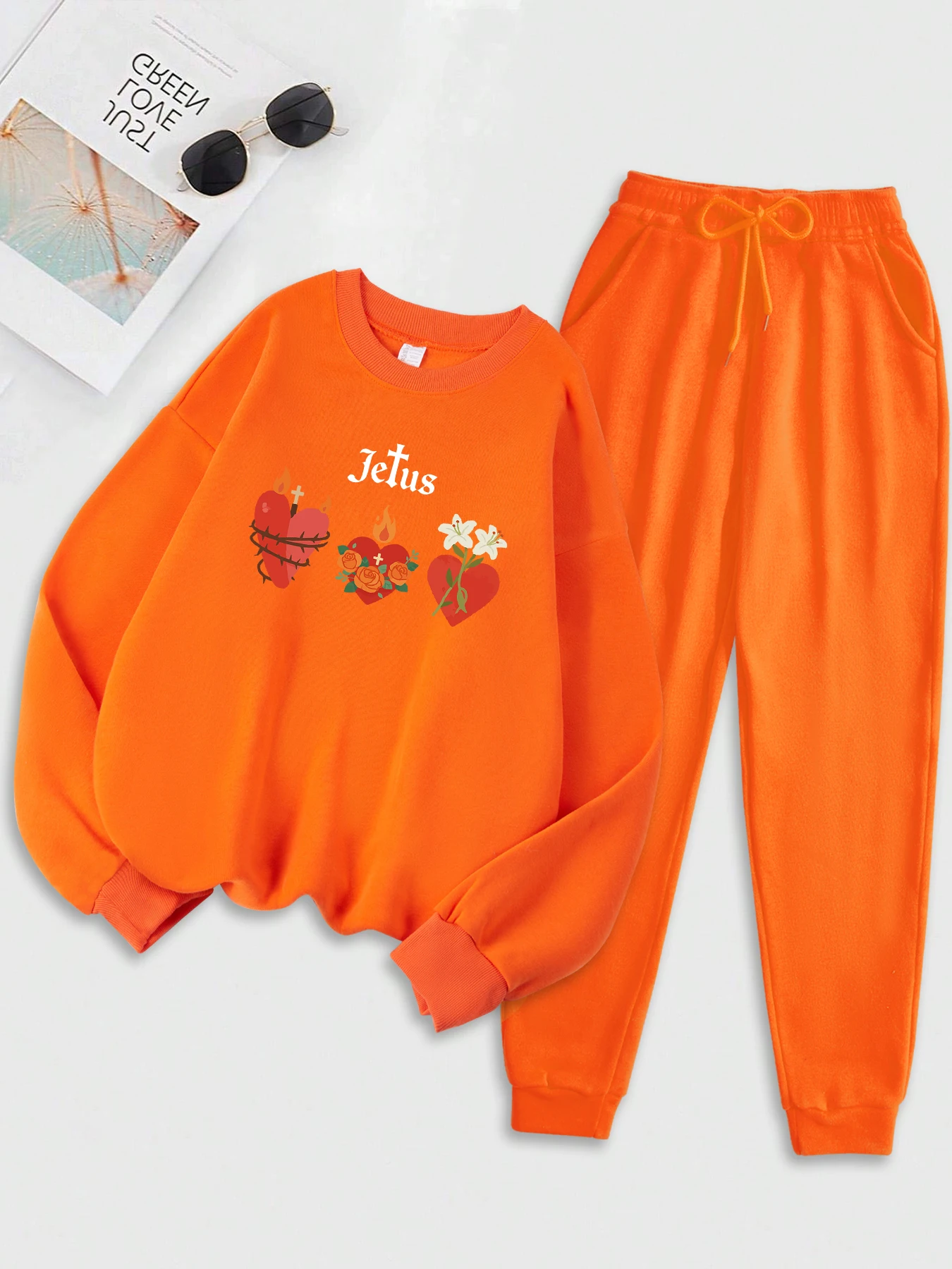 Conjunto de sudaderas con estampado de flores envueltas en forma de corazón para mujer, traje deportivo holgado, sudadera básica de moda, ropa suave y cálida