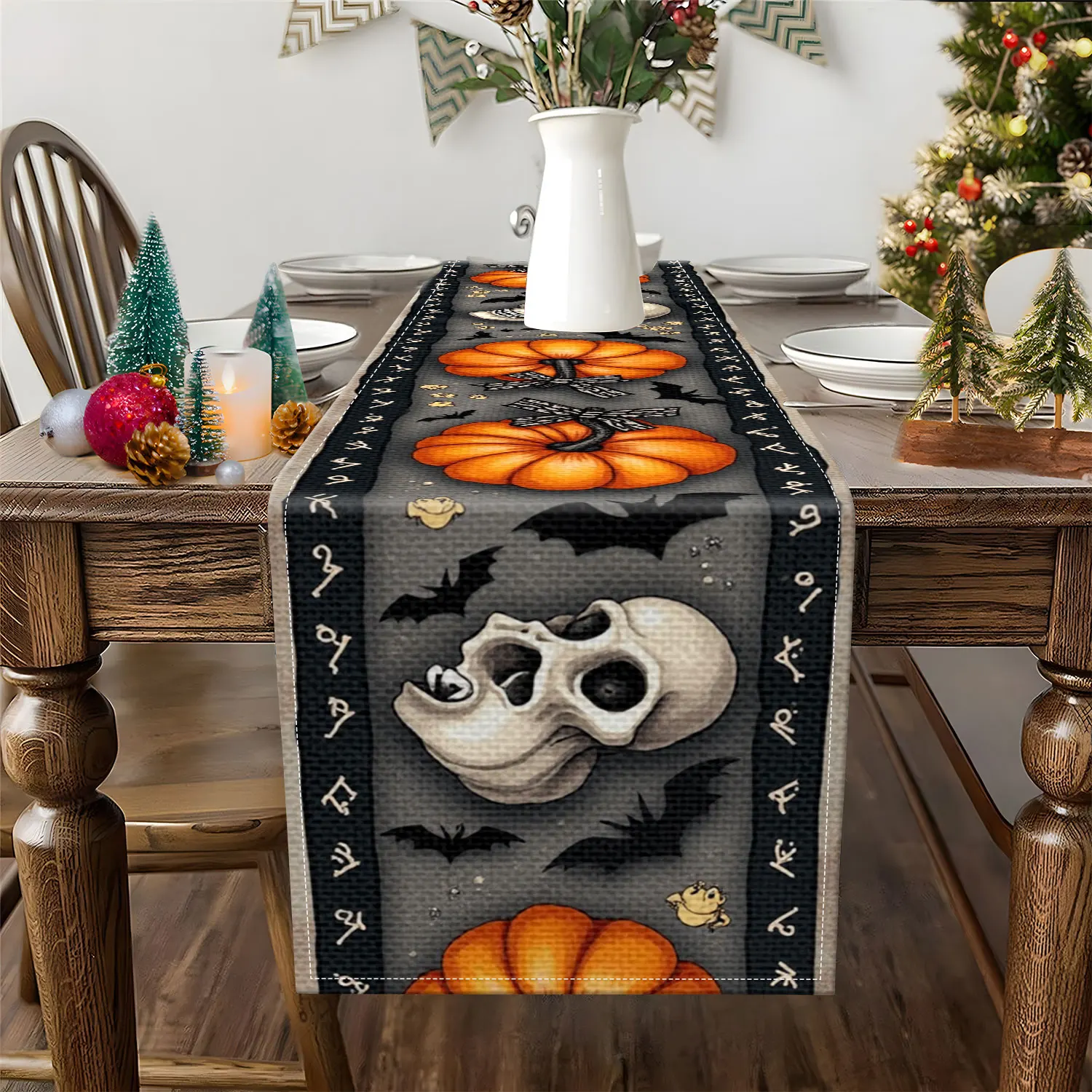 قطعة واحدة من مفرش طاولة الهالوين ذو الطابع الداكن، يتميز بجمجمة واليقطين والهيكل العظمي وأنماط الخفافيش، مناسب لحفلات الهالوين والديكورات الداكنة #2