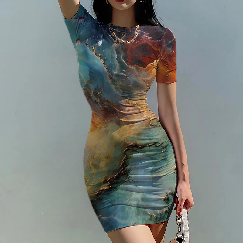 Summer new ladies slim dress color blooming 3D printed lady dress beautiful lady slim dress trend fashion ladies slim dress