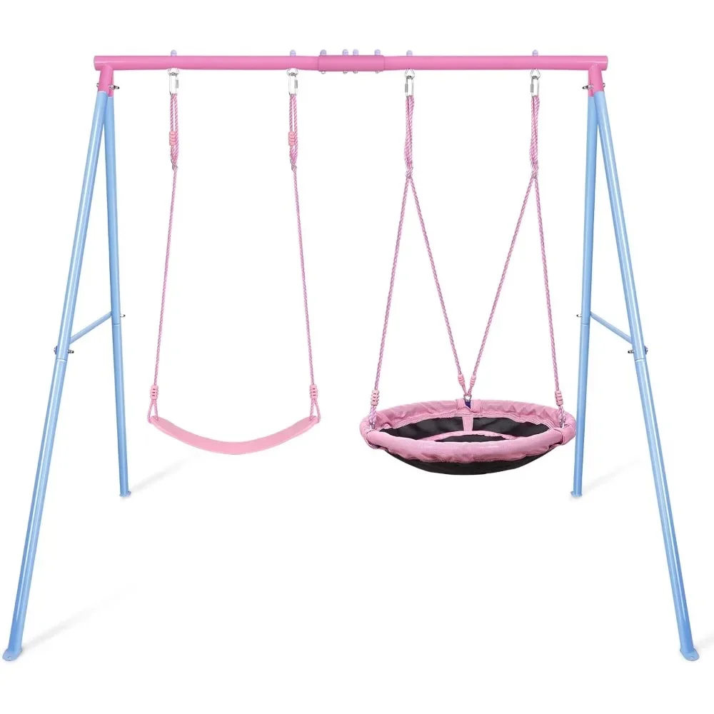 

Amusement Park Swing Set, 440 Pounds, Heavy-duty A-frame Metal Outdoor Swing Frame,1 Saucer and 1 Belt Swing Seat, Pink Backyard