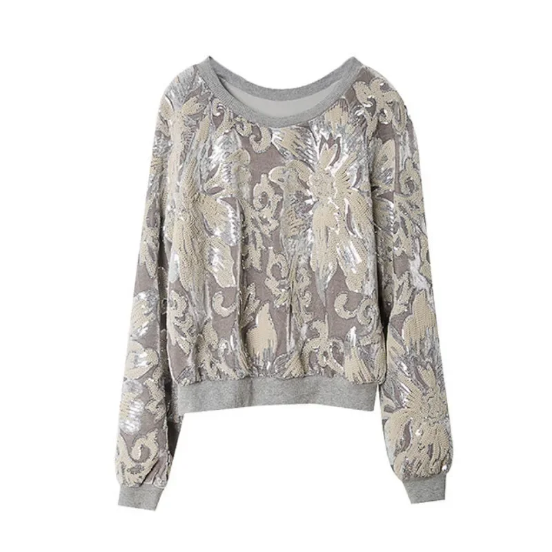 

Flowers Sequined Embroidery T-Shirts Gold Velvet Fairy Beaded Pullovers Sweater Loose O-neck Tops Hoodies Crewneck Sweatshirt