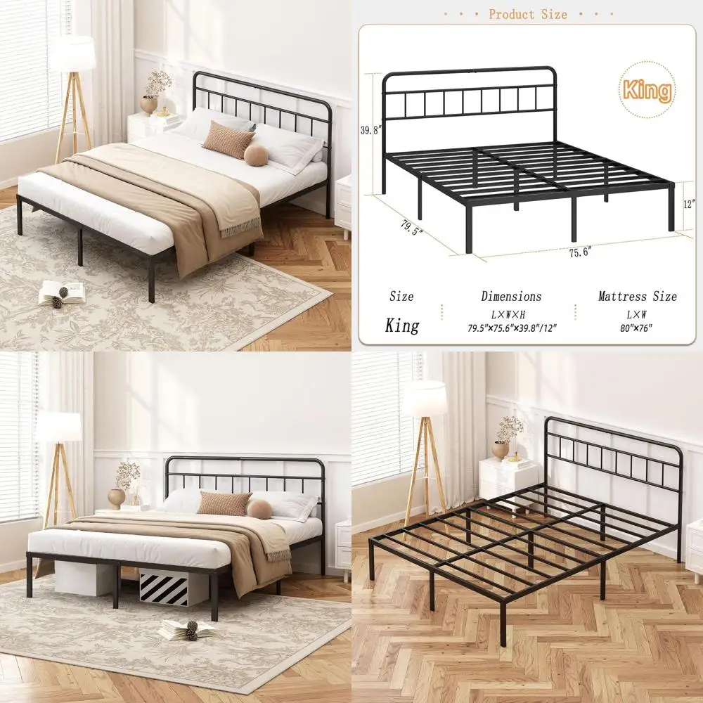 

12 King-Size Metal Platform Bed with Slats, Minimalist Design, Easy Assembly, Black