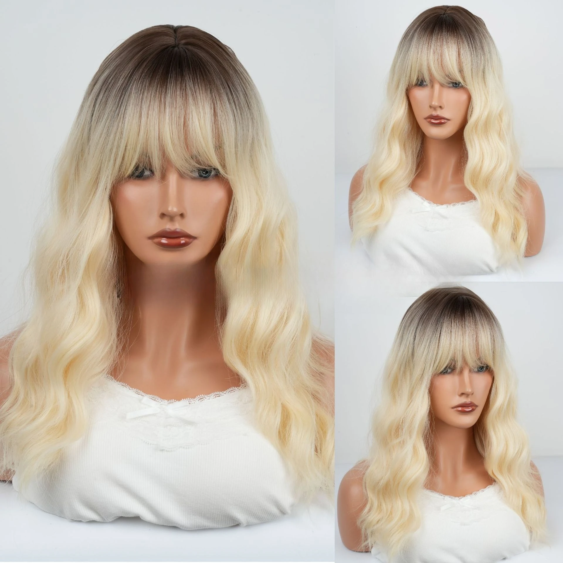 

New European and American, wig long hair gradual change platinum color Qi bangs long curly hair matte high temperature silk curl