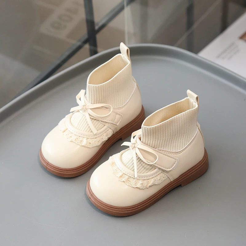 Kids Leather Shoes Sweet Bows Girls Princess Sock Shoes Round Toes 2026 New Fashion Children Casual Shoes Soft Bottom Non-slip