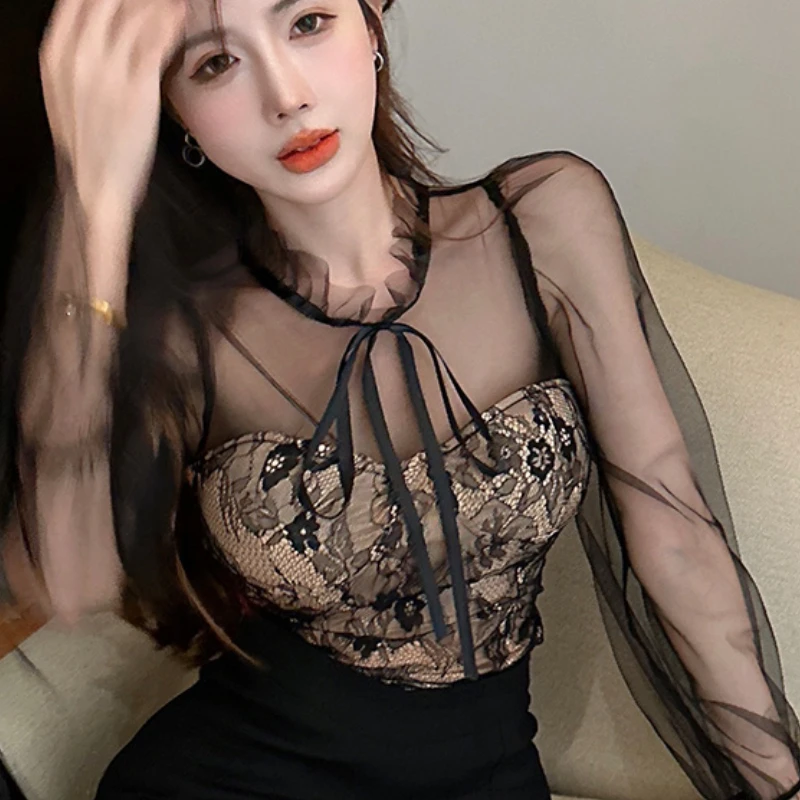 Blouses Women Temperament Gentle Spring Mesh Lace Design French Style Fashion Sexy Female Tops Slim Personality Elegant Casual