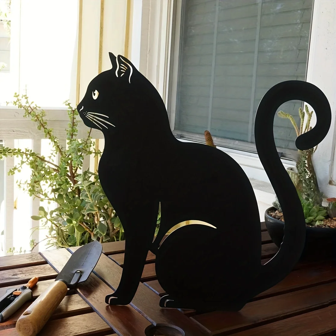 Metal Cat Garden Decor,Black Cat Silhouette Yard Lawn Outdoor Decorations, Weather Resistance Steel Cat Decor for Cat Lovers