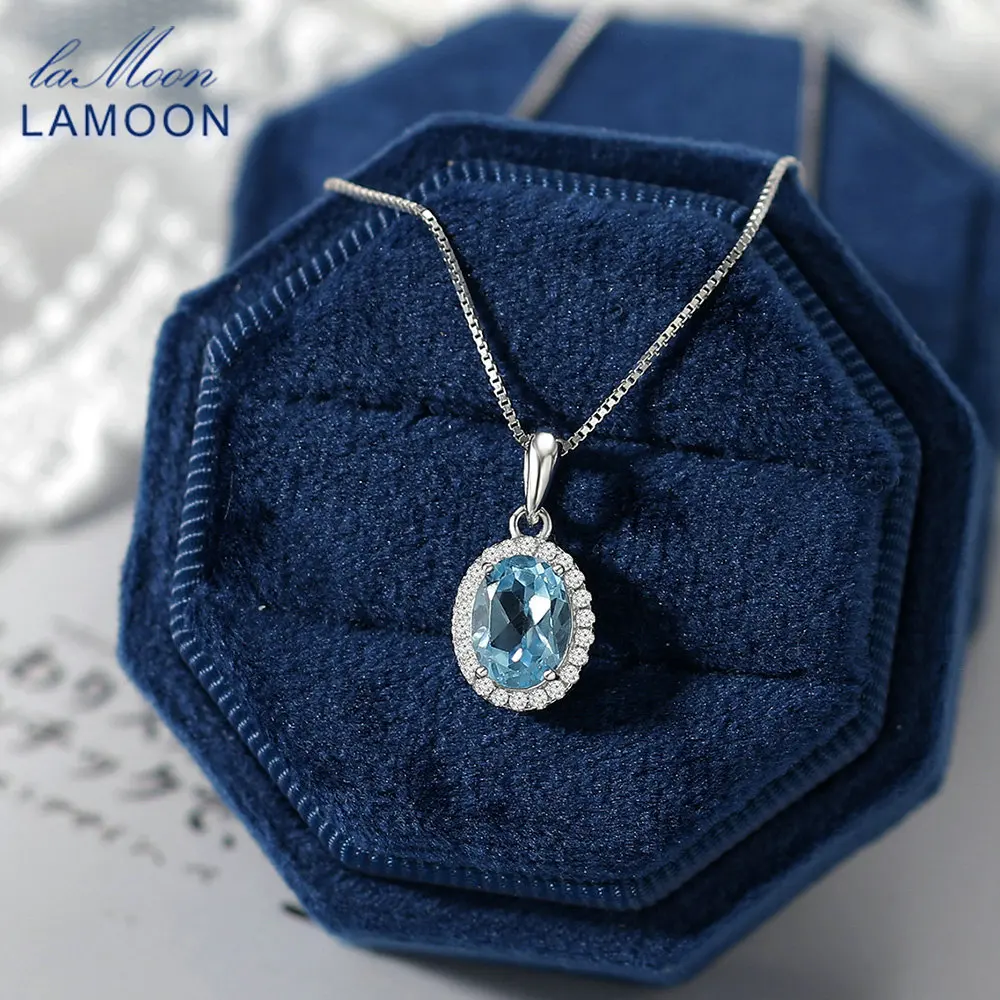 

LAMOON Natural Topaz Necklaces For Women Gemstone Pendant Blue Stone 925 Sterling Silver White Gold Plated Wedding Jewelry NI049