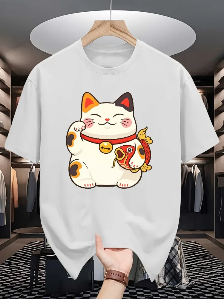 Men Summer Crew Neck Short Sleeve Tee Japanese Maneki Neko Lucky Cat Koi Fish Print Casual Loose Fashion Streetwear Daily Top