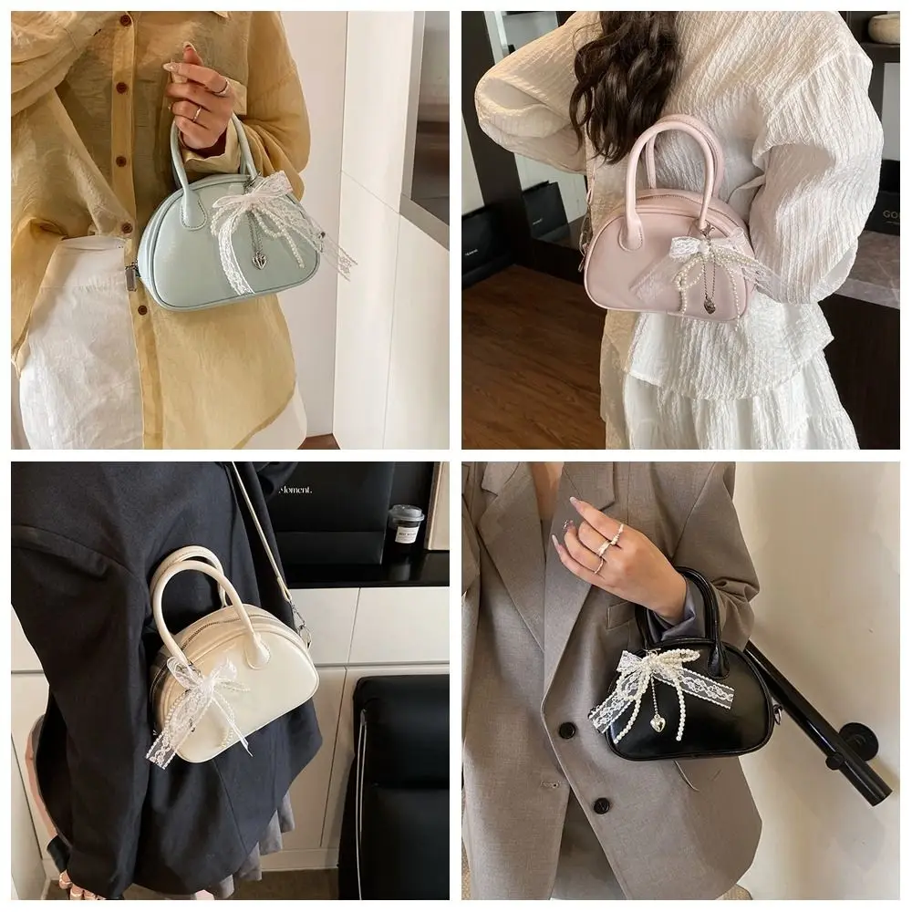 

Sweet Bowling Shoulder Bag with Pearl Pendant PU Leather Boston Crossbody Bag Solid Color Korean Style Pillow Handbag Shopping
