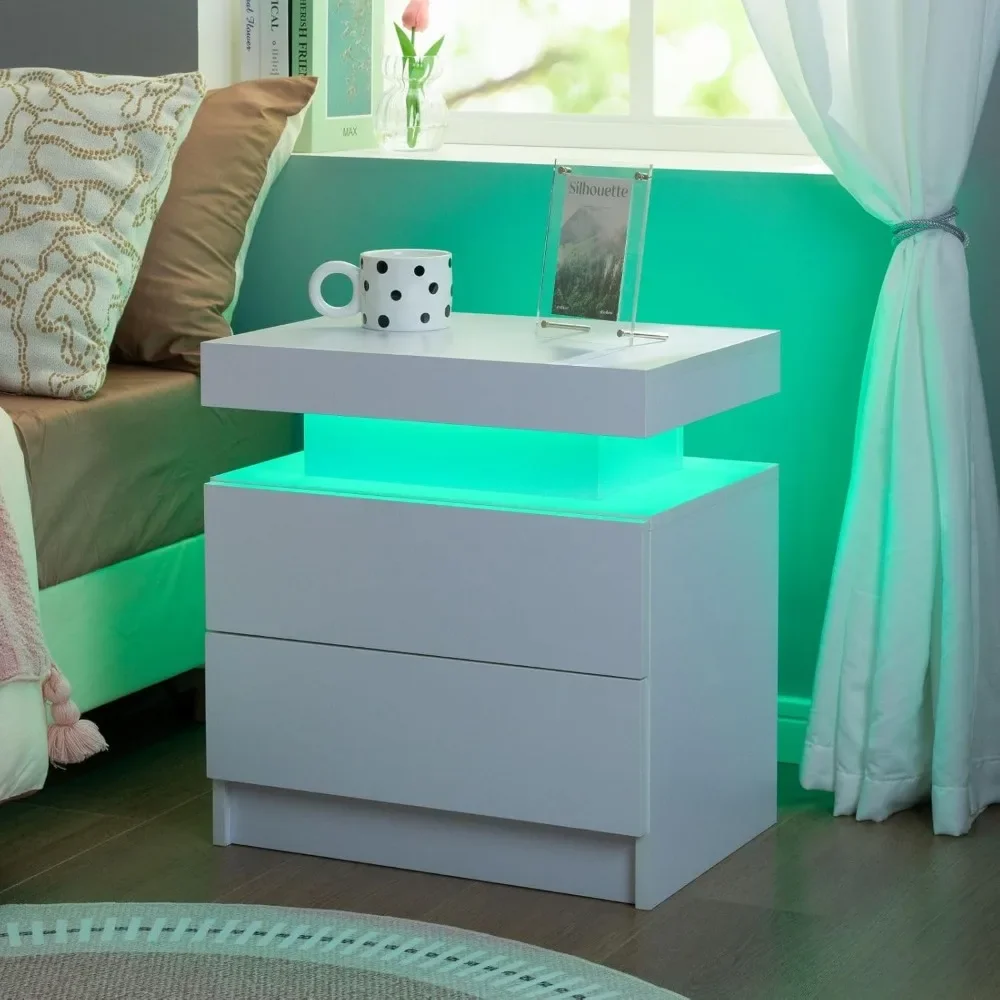 Juego de mesita de noche LED con 2 cajones, mesita de noche con cajones, muebles de dormitorio, mesa de cama lateral con LED