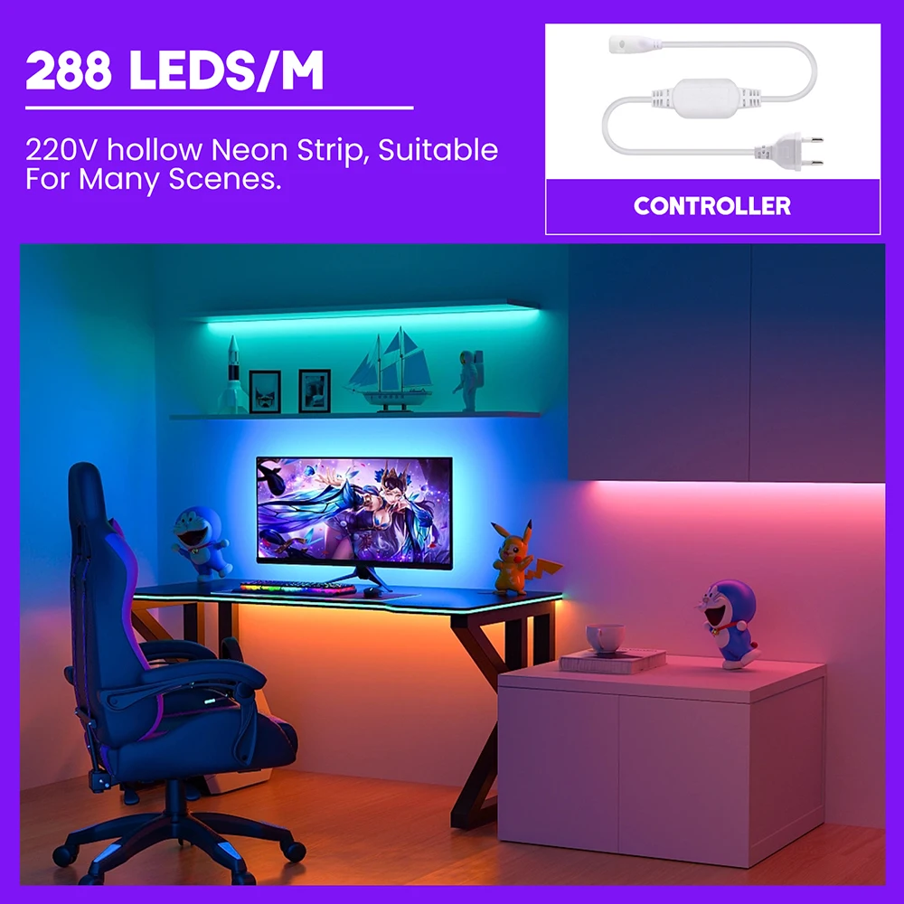 Tira de luces LED de neón COB AC 220V, resistente al agua, blanco, rosa, rojo, azul, 288LED/m, Kit de enchufe de alimentación de la UE, cinta flexible RA90, decoración de jardín de 10 colores