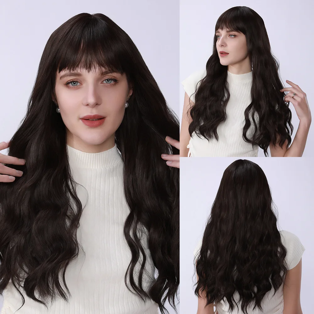 

26Inch Natural Wig Women's Wool Roll Wig Full Head Cover Qi Bangs Brown Black Long Curly Hair Daily Wig