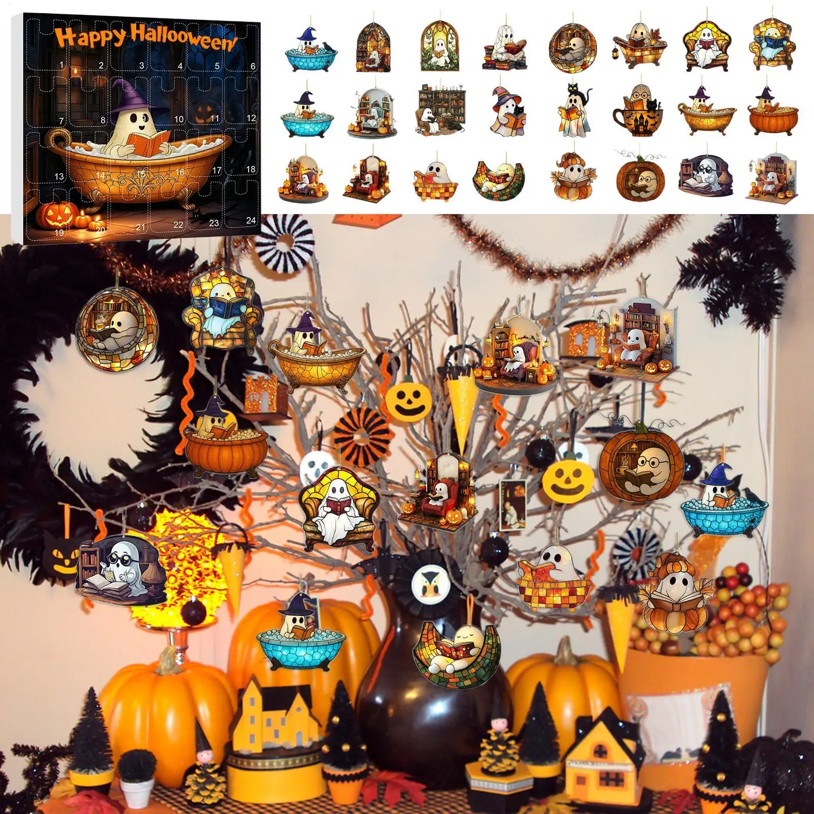 Calendario per il conto alla rovescia fantasma 2025 24 giorni 2025 Calendario di Halloween Avvento Ciondolo fantasma 2D Decorazioni natalizie per la parete del tendaggi di casa