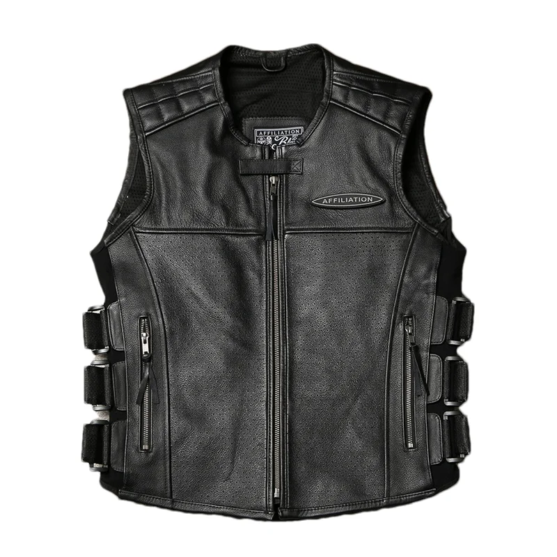 Men's Black Leather Motorcycle Vest Genuine Cowhide Biker Sleeveless Jacket Zip Front Side Lace-Up Multi-Pocket Club Style