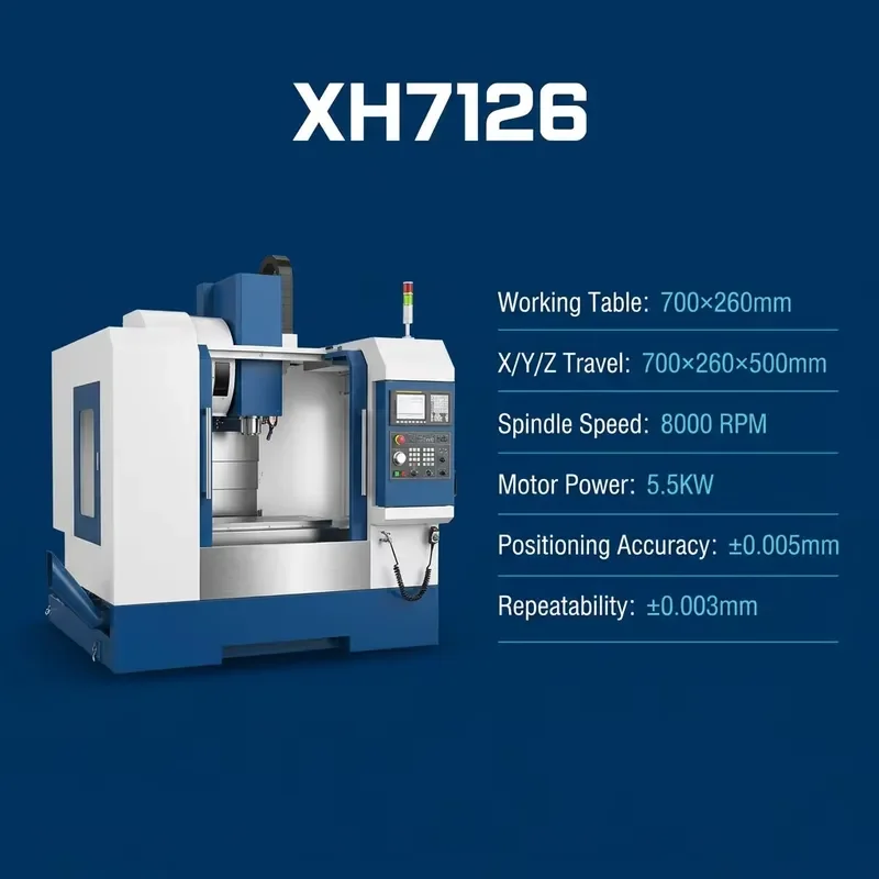 Small Vertical CNC Machining Center XH7126 with 0.015mm Precision 600x320x450mm Travel 8000rpm Spindle Speed Wire Rail