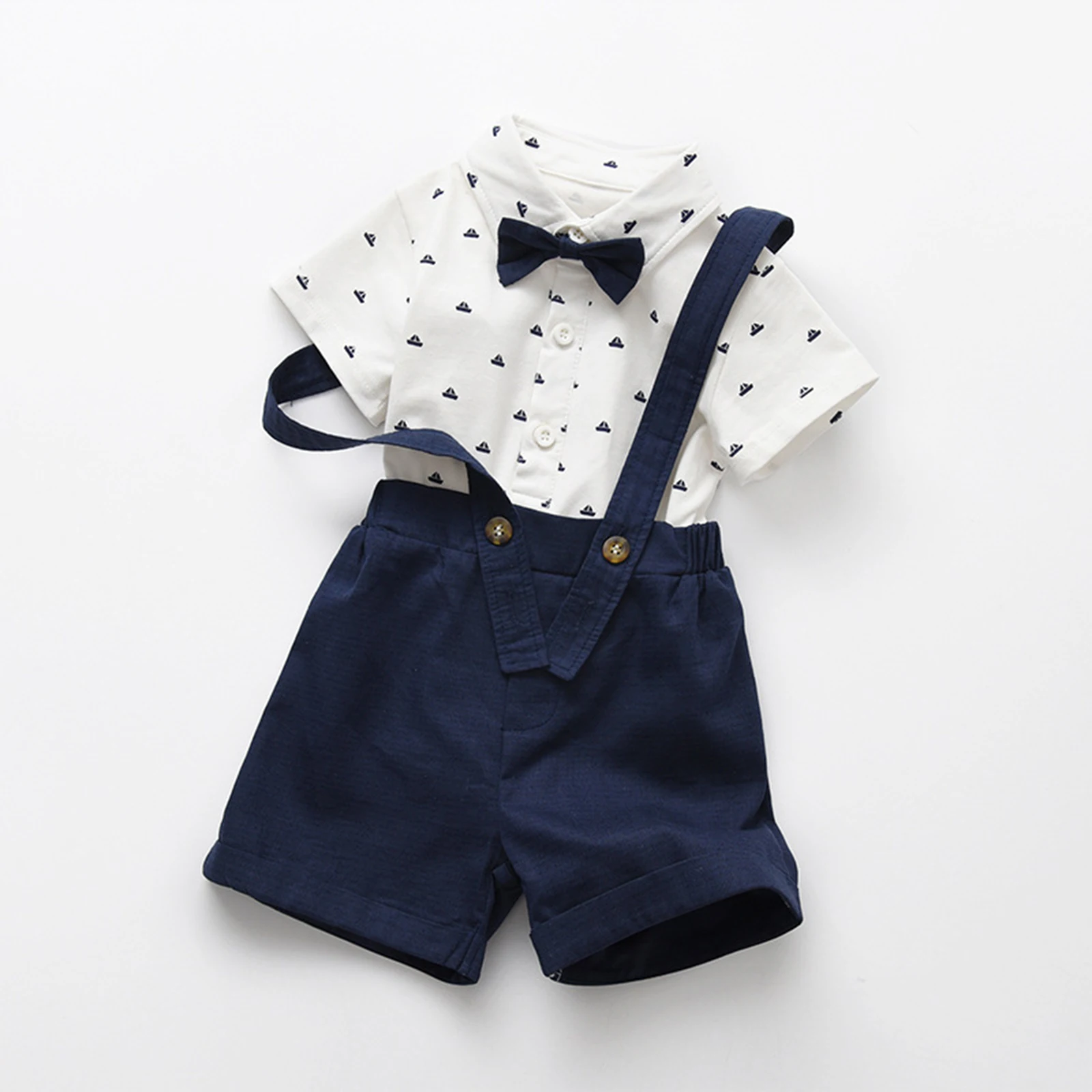 Boys Short Sleeves School Uniforms Baby Clothes Kids Gentleman Bow Tie Tops + Shorts Formal Party Suit Photography Costumes