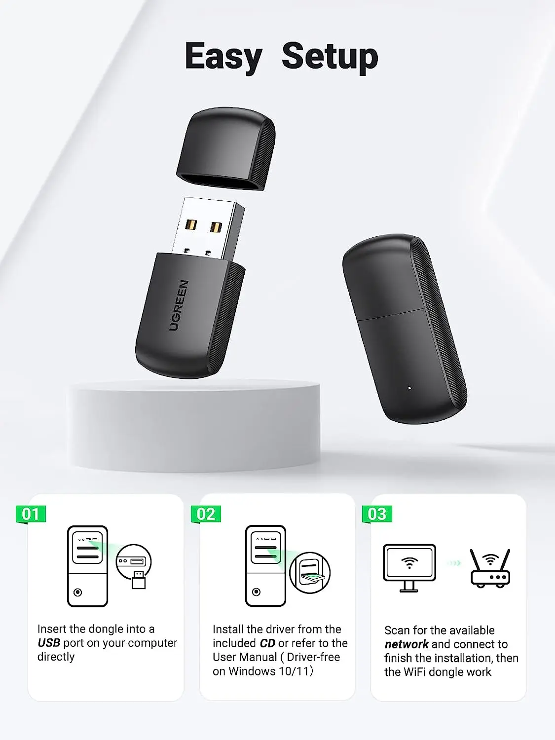 อะแดปเตอร์ WiFi UGREEN AC650 สำหรับคอมพิวเตอร์ตั้งโต๊ะ 5G 2.4G ดองเกิล WiFi แบบดูอัลแบนด์ อะแดปเตอร์เครือข่ายไร้สาย USB ขนาดเล็กสำหรับคอมพิวเตอร์