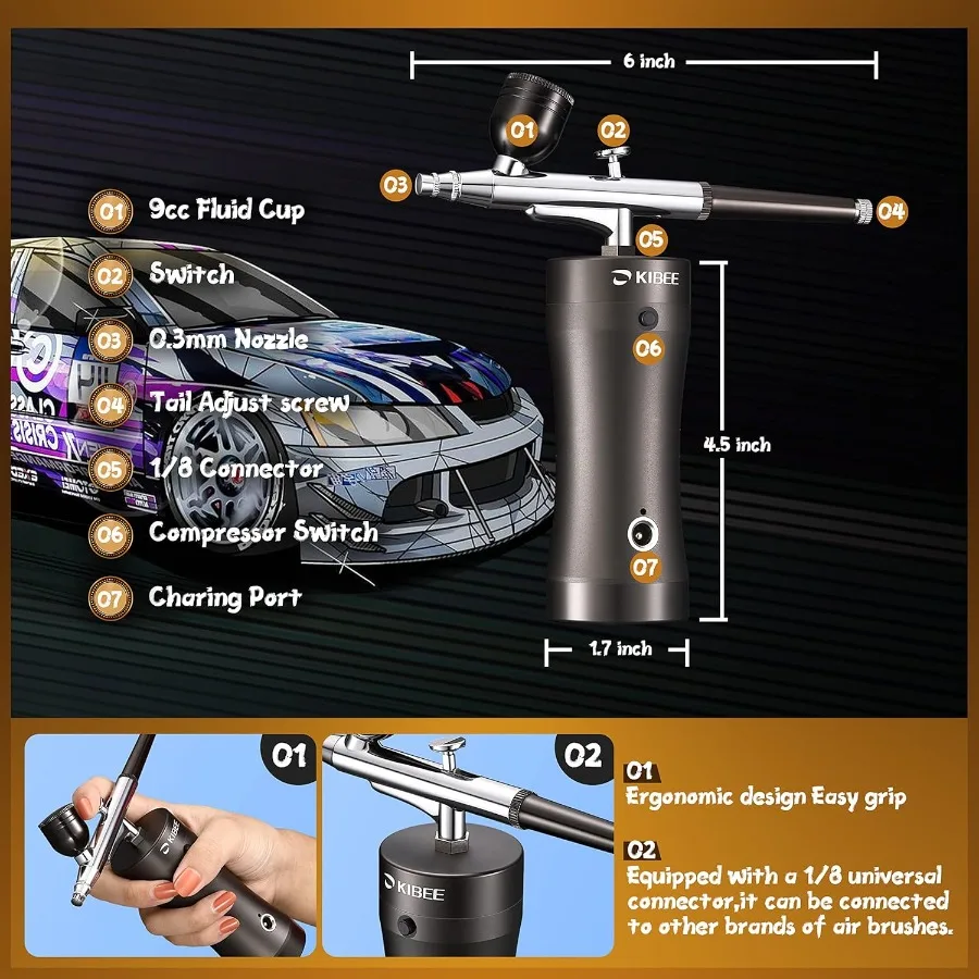 ปืนพ่นสีลมแบบพกพาไร้สาย ชาร์จไฟได้ ขนาดมินิ เหมาะสำหรับแต่งหน้า สักลาย ทำเล็บ และเพ้นท์หน้า