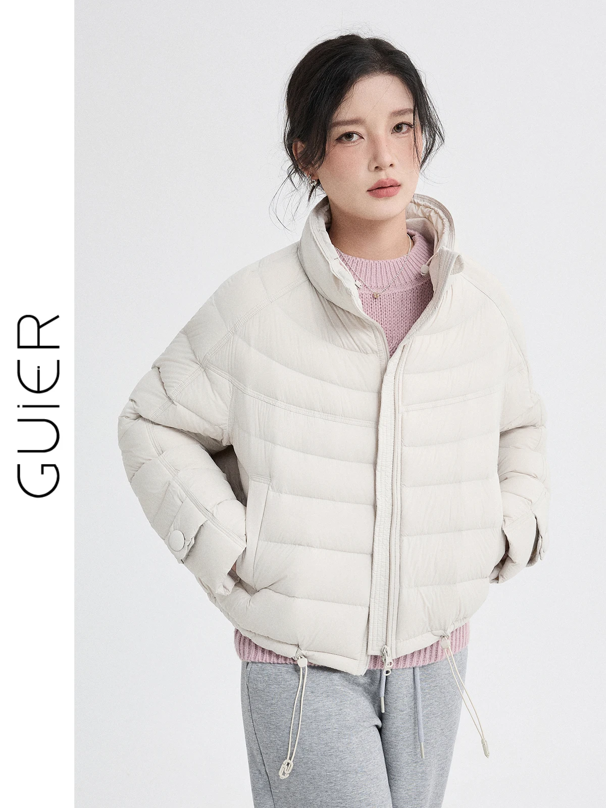 

Женская пуховая куртка Guier с воротником-стойкой, свободного кроя, теплая, повседневная, новинка 2025 года, зимняя, в корейском стиле, с узором «реберная кость»