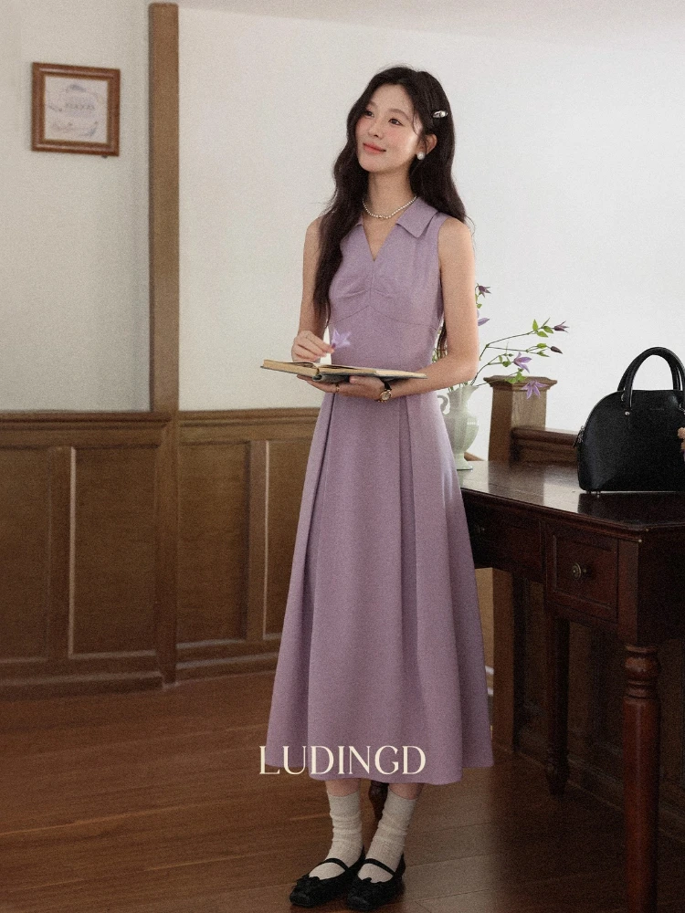 ALXNAN vestido morado de talla grande con cuello en V vestido plisado sin mangas definido en la cintura elegancia versátil vestido de mujer para ir al trabajo D13050