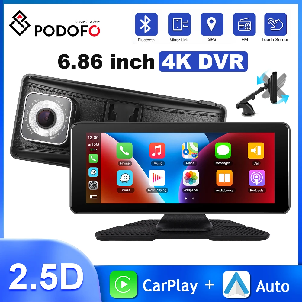 Podofo 6.86'' Car Monitor 4K DVR Dashboard Carplay Android Auto Dash Cam Airplay Mirror Cast Car Radio Support Front Camera