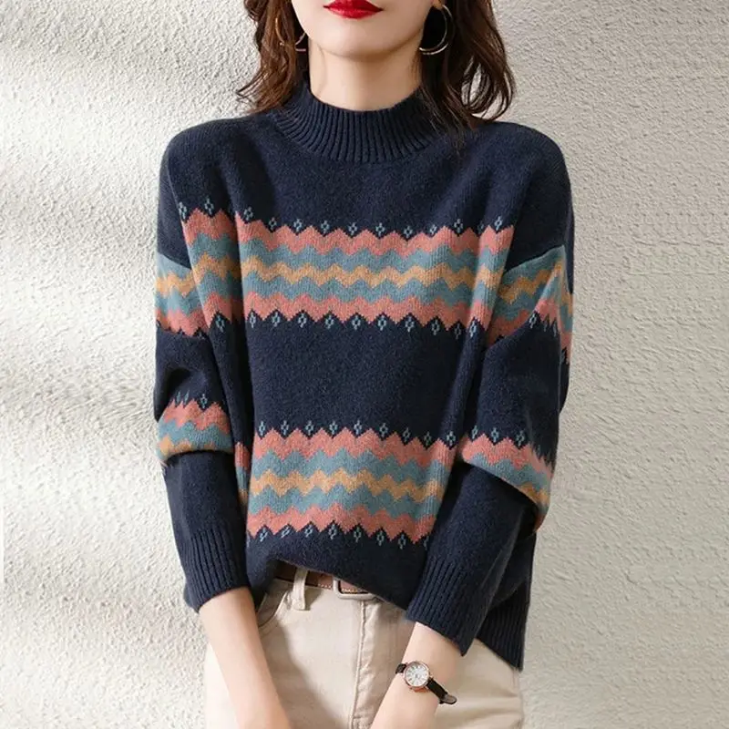 Korean Autumn/Winter Sweaters Women\'s Mock Neck Color Striped Patchwork Fashion Casual Loose Long Sleeve Pullovers Knitted Tops