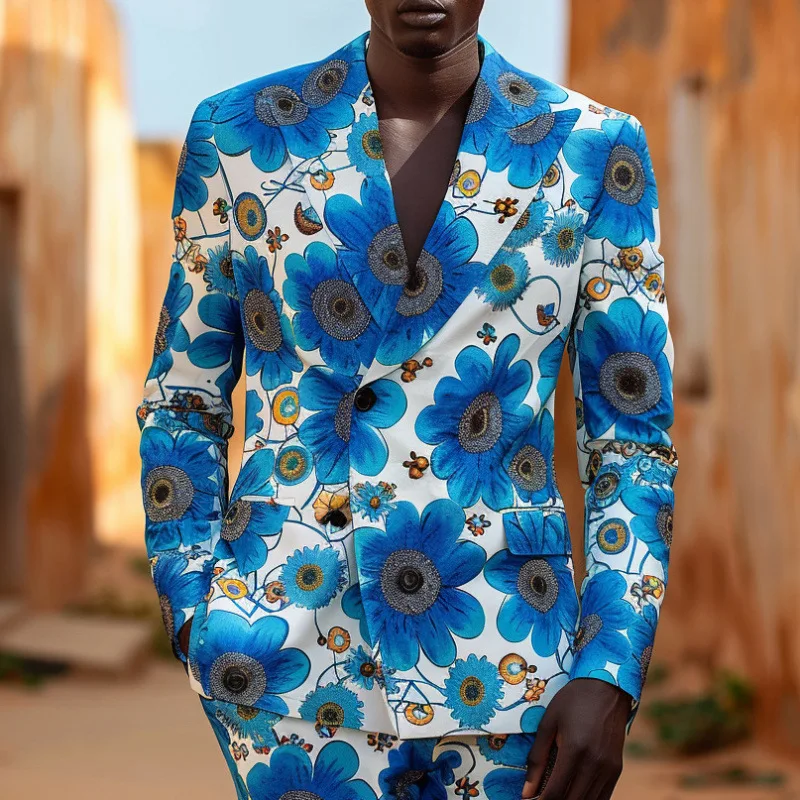 

New Design Mens 2 Piece Suit Floral Flowers Print Coat Top Two Buttons Casual Fashion Nightclub Slim Fit Suit No Slit No Tie