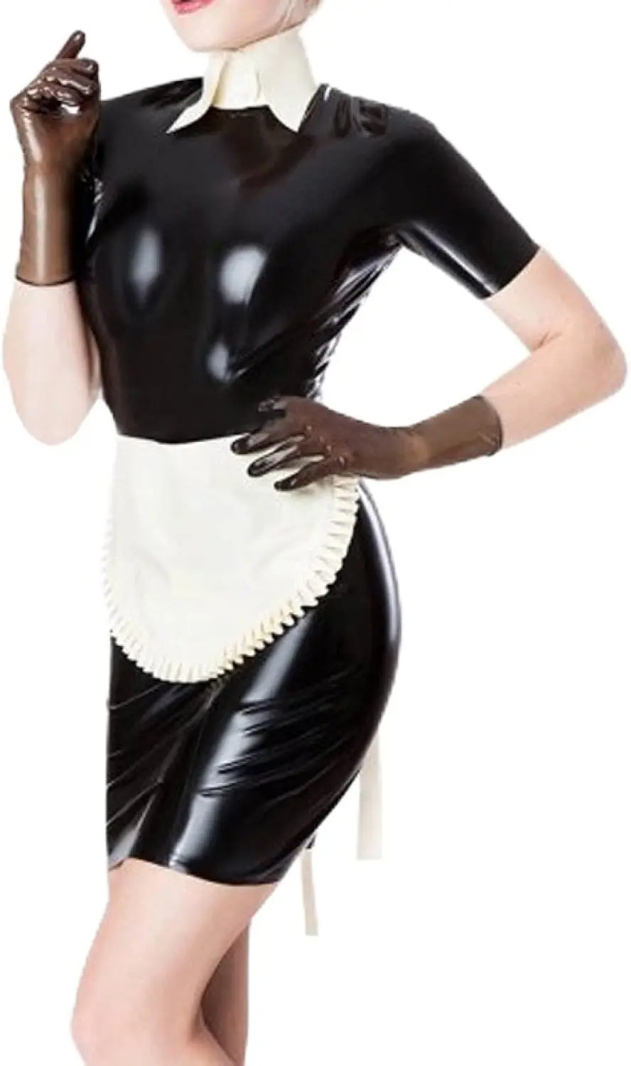

Latex French Maid Pencil Dress with Zippers Back White Apron Turn Down Collar Rubber Uniform