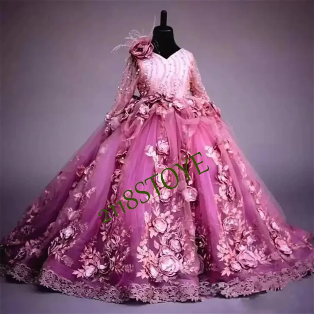 Vestido de baile de encaje Floral 3D de manga larga, vestidos de niña de flores para boda, niños pequeños, primera comunión, cumpleaños