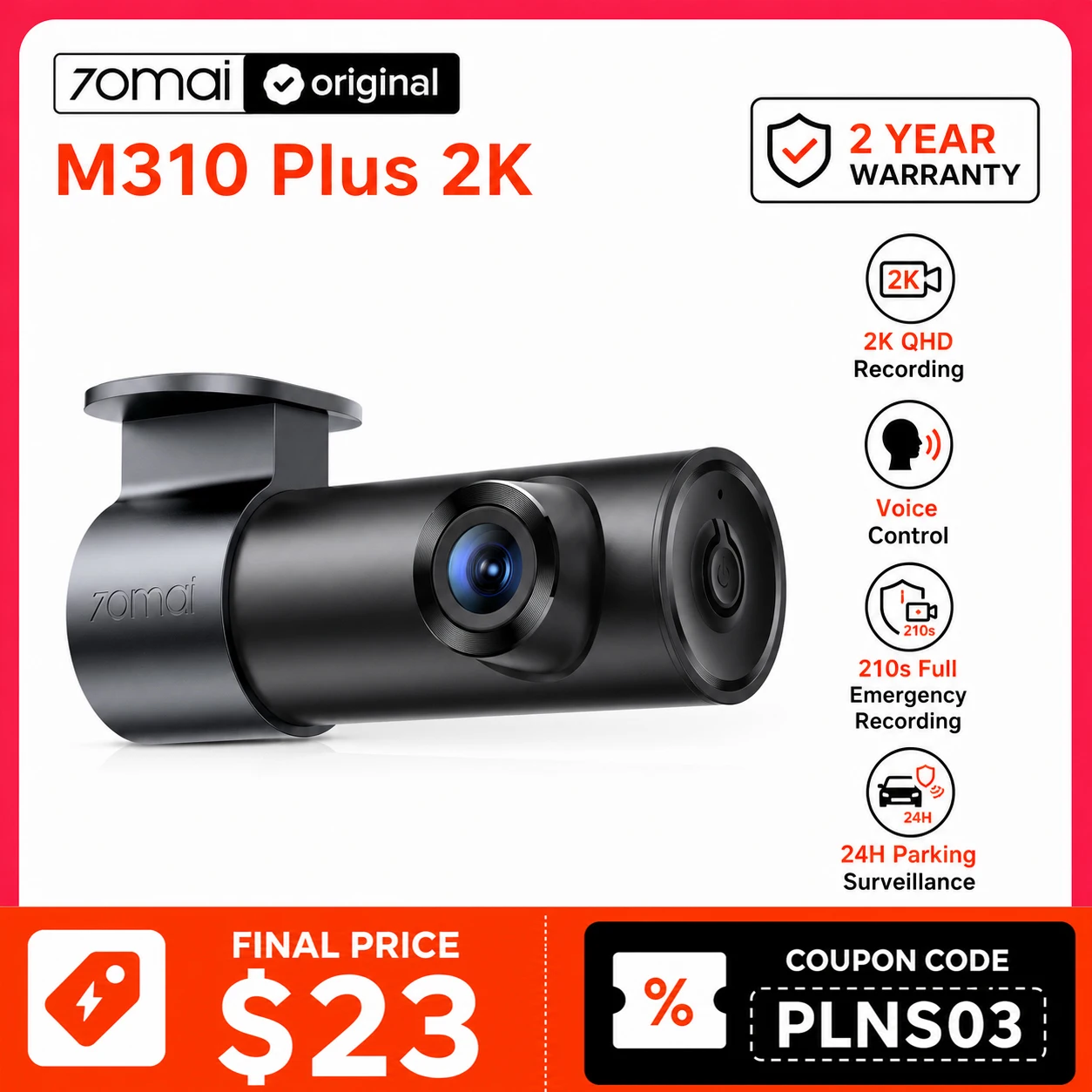 Kamera samochodowa 70mai M310 Plus 2K 1440P 143° FOV, noktowizor, inteligentne sterowanie głosowe, 24h, ochrona parkingu, Wi-Fi 4,kamera samochodowa DVR, mini, łatwa instalacja,Nagrywanie poklatkowe
