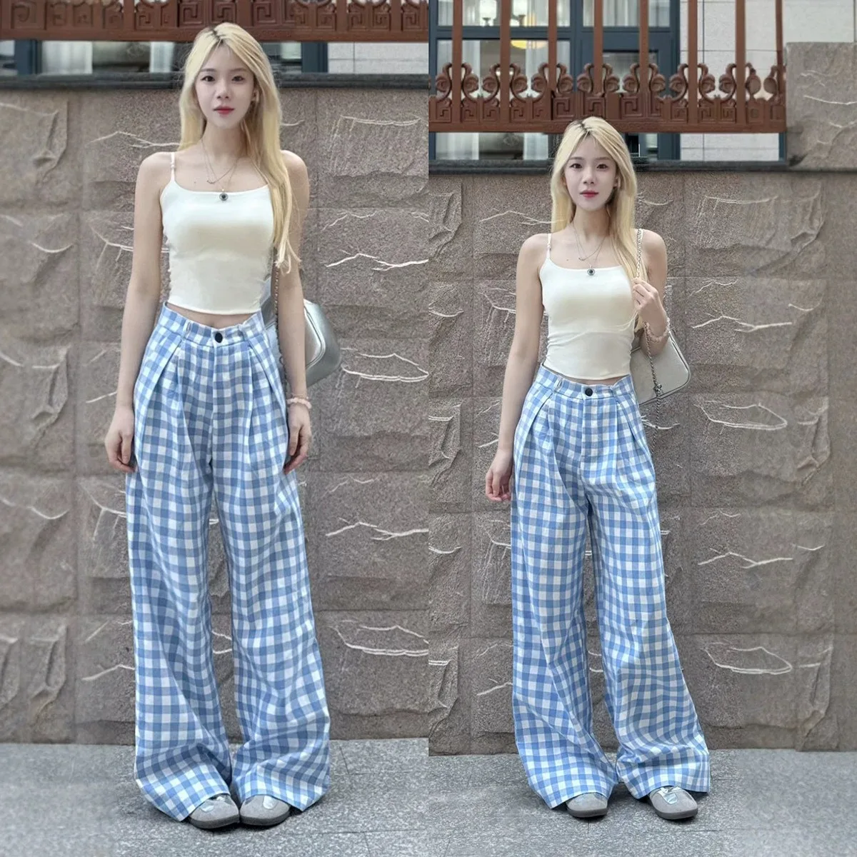 Blue Checkered High-Waisted Loose Casual Pants for Women Summer Lazy Style Slimming Wide Leg Trousers