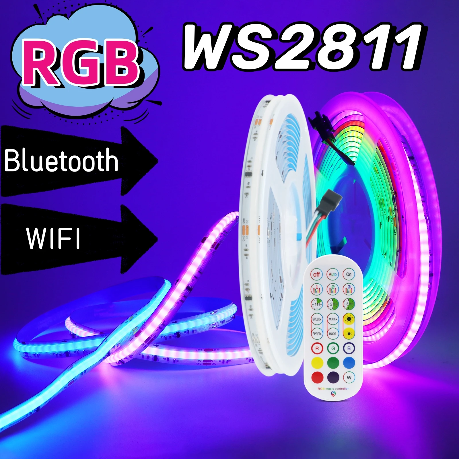 COB RGB LED Strip Lamp 12V 24V WS2811 IC 576leds/m Tape Ribbon Flexible Bluetooth WIFI Works With Alexa Music Addressable Rope