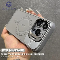 Luxury Armor Stand Lens Soft Silicoone Case For IPhone 15 14 Plus 13 12 11 16 Pro Max For Magsafe Magnetic Wireless Charge Cover