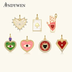 ANDYWEN 925 Sterling Silver Gold Red Heart Round Pendant Fine Jewelry Gift Colorful Spring Enamel Rainbow Rock Punk Wedding Gift