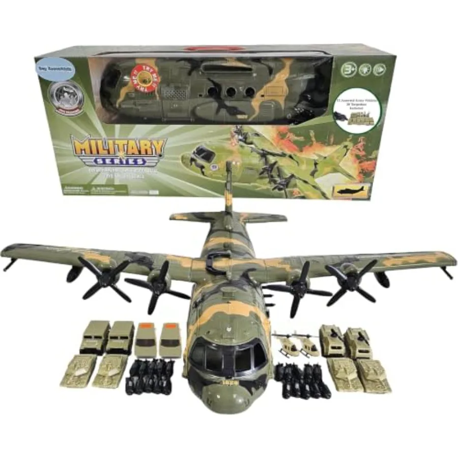 Military cargo plane toy for display: 21-inch C130 bomber with working doors, 20 bombs, 12 army vehicles, durable plastic, gray