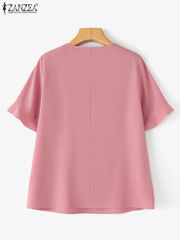 ZANZEA 여성 여름 탑 캐주얼 러플 블라우스 빈티지 레이스 업 블라우스 2025 패션 솔리드 컬러 튜닉 오버 사이즈