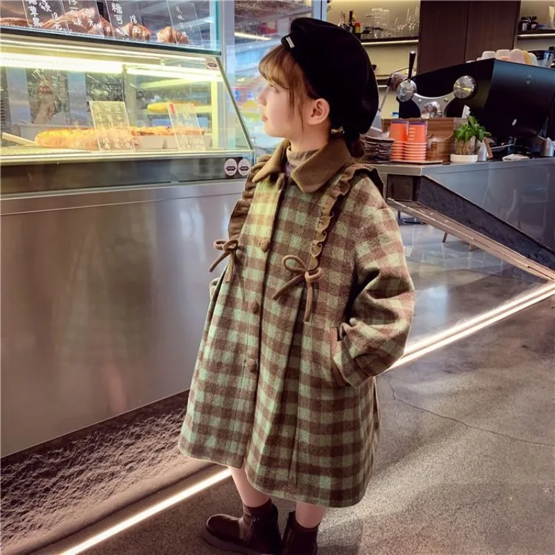 Girls' Woolen Coat Retro Plaid Loose and Sweet Children's Thick Cotton Fashion Coat 2025 Autumn and Winter Children's Clothing